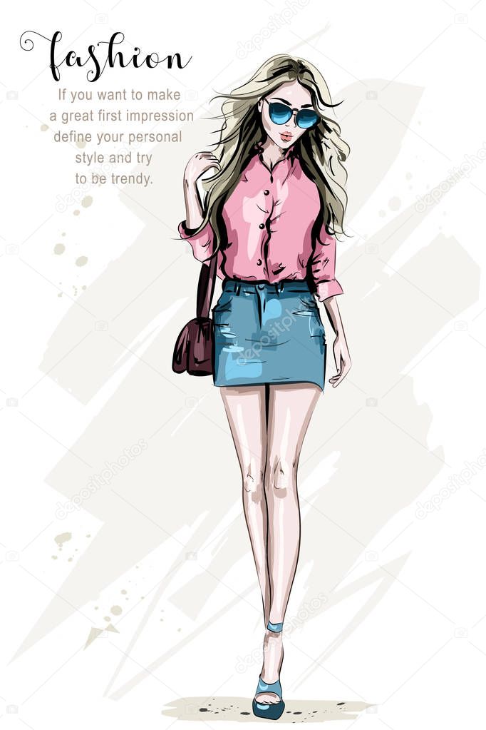 Fashion model posing. Hand drawn stylish woman in fashion clothes. Beautiful young woman with bag. Cute girl in sunglasses. Sketch.