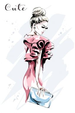 Elle çizilmiş kadın portre. Moda elbise güzel genç kadın. Şık Bayan el çantası ile. Moda modeli.
