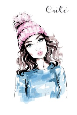El çekilmiş güzel kadın portre. Ponpon ile örgü şapkalı kadın moda. Şık bir görünüm. Moda kız. Kroki.