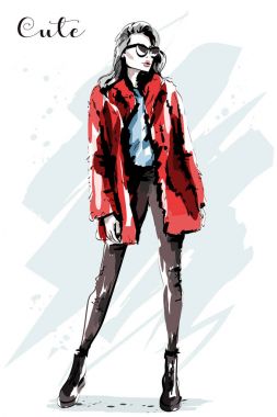 El çekilmiş güzel genç kadın kürk ceket. Moda model poz. Şık cllthes şirin kız. Kroki.