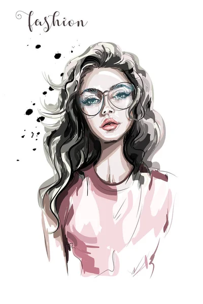 Hermosa Joven Con Anteojos Mujer Moda Chica Elegante Con Pelo — Vector de stock