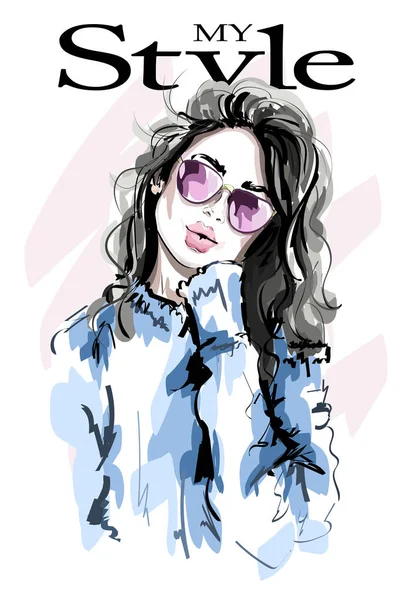 Mujer Joven Dibujada Mano Gafas Sol Mujer Moda Boceto Ilustración — Archivo Imágenes Vectoriales