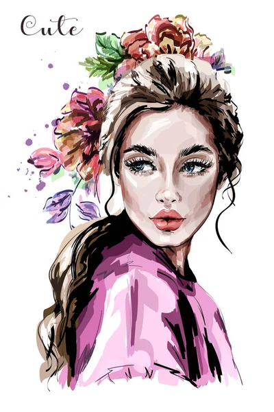 手は美しい若い女性の肖像画を描いた ファッションの女性 可愛い花の女の子 スケッチ — ストックベクタ