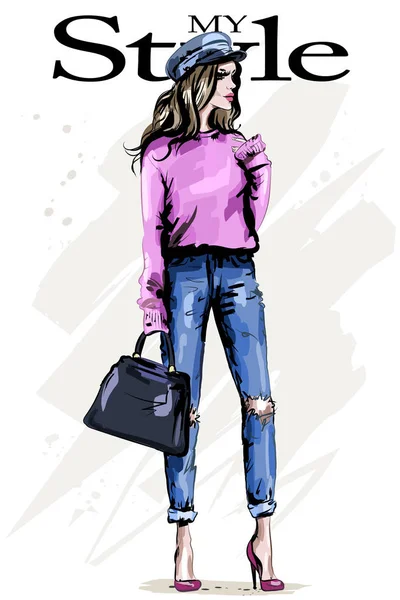 スタイリッシュな服で美しい若い女性 キャップのファッションの女性 バッグを持つブロンドの髪の少女 スケッチ — ストックベクタ