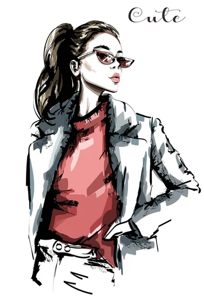 Retrato Mujer Hermosa Dibujado Mano Mujer Moda Gafas Sol Boceto — Vector de stock