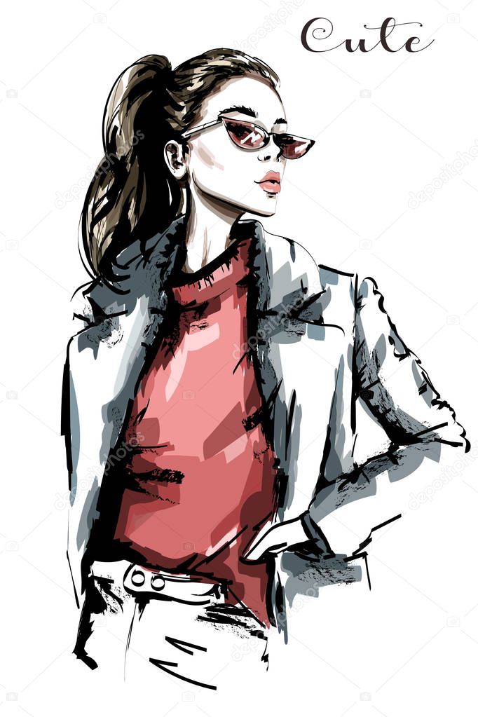 Hand drawn beautiful woman portrait. Fashion woman in sunglasses. Sketch. Vector illustration.