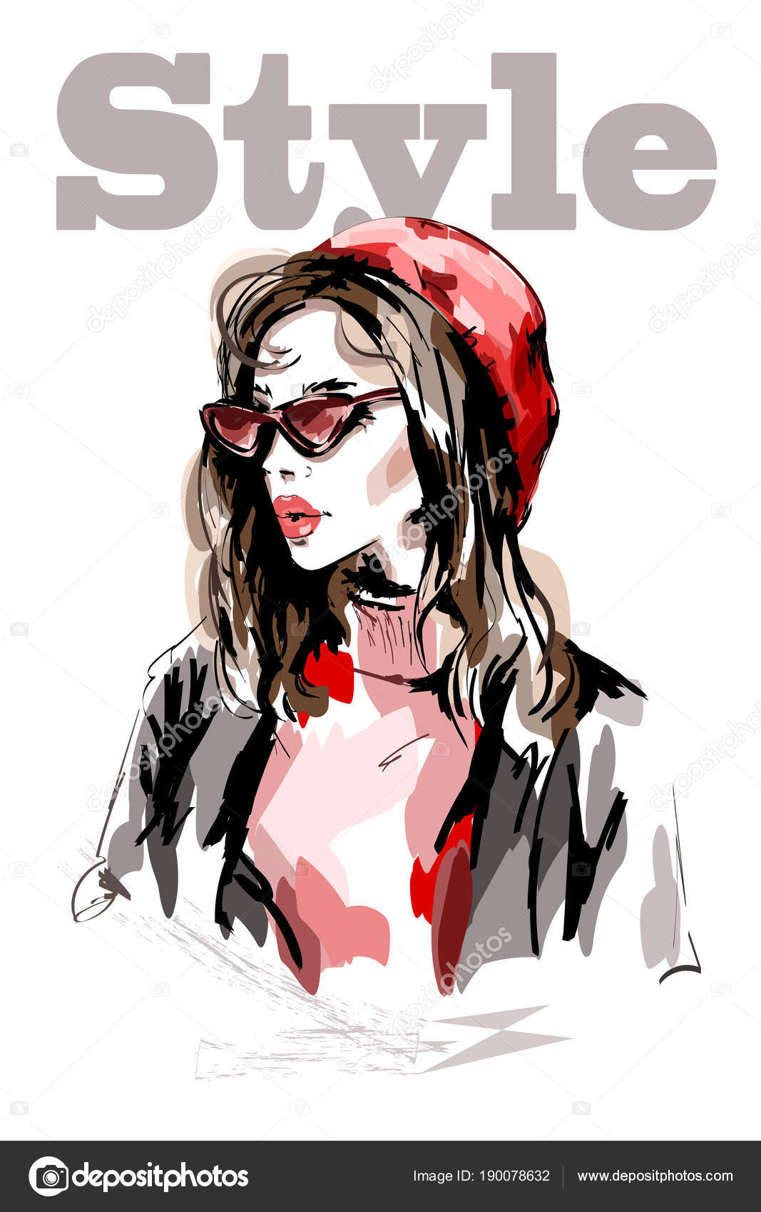 Hand Drawn Beautiful Woman Portrait Fashion Woman Red Hat
