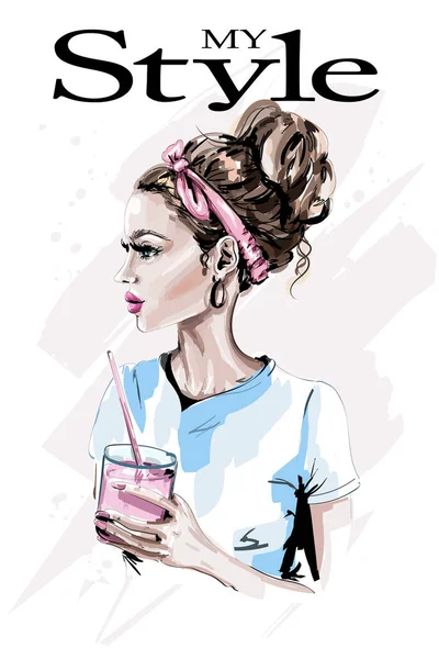 Donna Moda Con Bicchiere Succo Frutta Ritratto Donna Bella Disegnato — Vettoriale Stock
