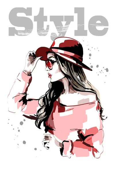手赤い帽子に描かれたな美しい若い女性 ファッションの女性 おしゃれな女性の肖像画 スケッチ ベクトル図 — ストックベクタ