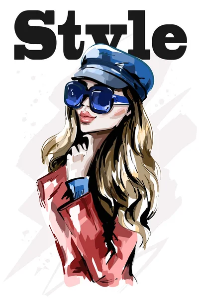 Stylish Lady Cap Hand Drawn Beautiful Young Woman Sunglasses Fashion — Stock Vector