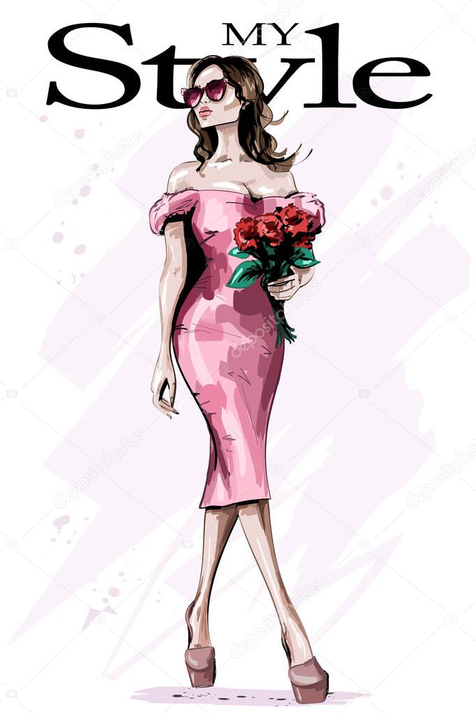 Beautiful young woman in stylish dress. Fashion woman with flowers. Elegant lady in sunglasses. Sketch. 