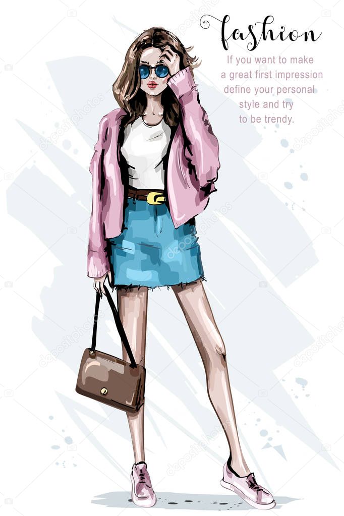 Fashion look. Beautiful young woman with bag. Stylish woman in sunglasses. Sketch. Vector illustration. 