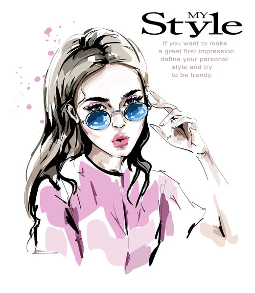 Fashion Woman Sunglasses Stylish Beautiful Young Woman Fashion Look Sketch — Stock Vector