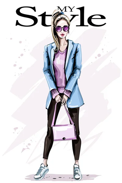 手描き美しい若い女性バッグ ファッションのブロンドの髪の女性 スタイリッシュな女の子 スケッチ — ストックベクタ
