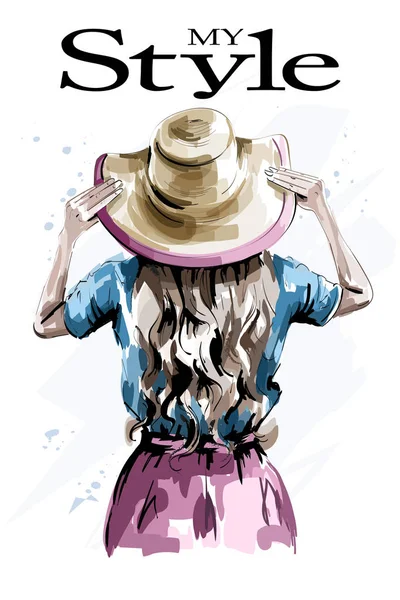 Femme Élégante Dessinée Main Dans Chapeau Femme Mode Retour Belle — Image vectorielle