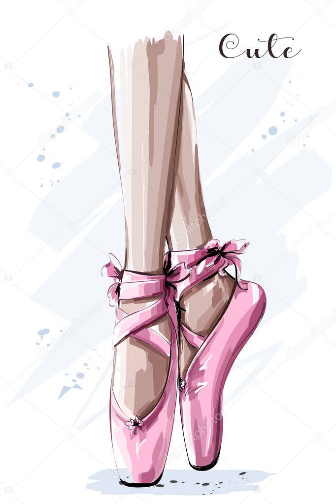 Hand drawn ballet dancer legs in pointe shoe. Sketch. Vector illustration. 