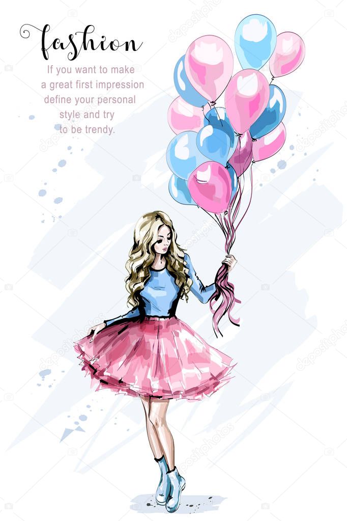 Hand drawn beautiful young woman with colorful balloons. Fashion blond hair woman. Stylish girl. Sketch. 