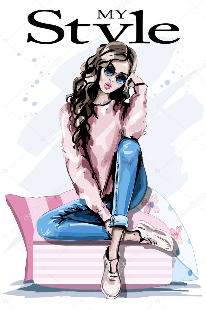 Hand drawn beautiful young woman sitting on soft pillows. Fashion woman in sunglasses. Stylish outfit. Sketch. 