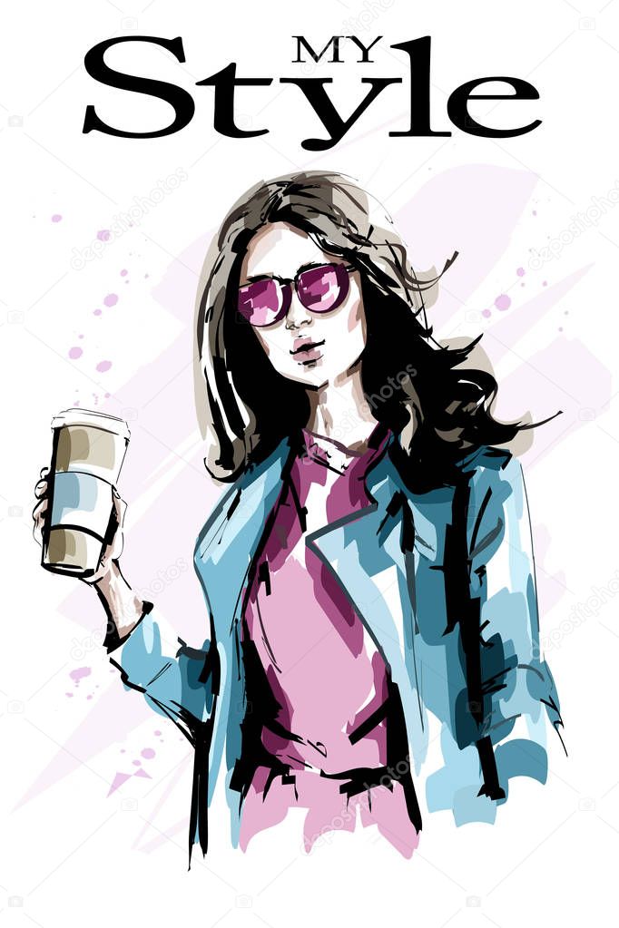 Beautiful young woman with paper coffee cup. Fashion woman in jacket. Stylish lady in sunglasses. Cute girl. Sketch. Vector illustration. 