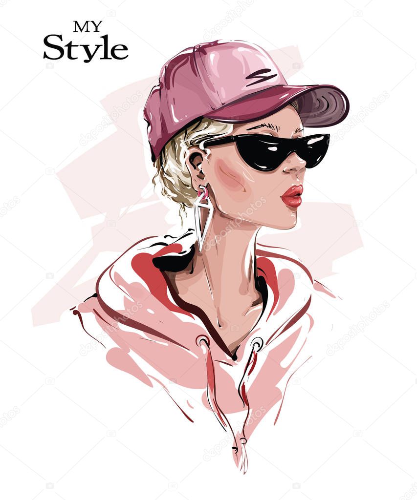 Hand drawn beautiful young woman in cap. Stylish girl in sunglasses. Fashion woman look. Sketch. Vector illustration.