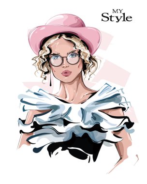 Pembe şapkalı güzel bir kadın. Gözlüklü şık kız. Moda kadını bakışı. Robot resim. Vektör illüstrasyonu.