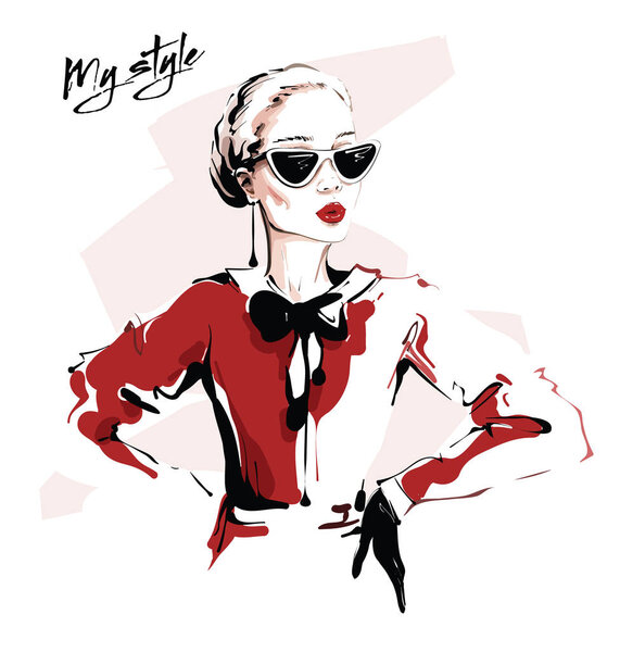 Hand drawn beautiful young woman in sunglasses. Stylish girl with bow on her shirt. Fashion woman in black glove. Sketch. Vector illustration.