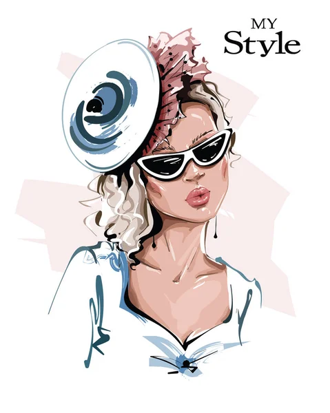 Hand Drawn Beautiful Young Woman Hat Stylish Girl Sunglasses Fashion — Stock Vector