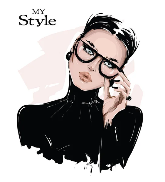 Hand Drawn Beautiful Young Woman Eyeglasses Stylish Girl Black Shirt — 스톡 벡터