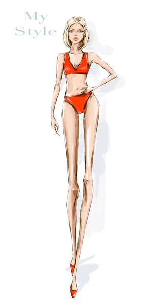 Handgezeichnete Schöne Junge Frau Roten Badeanzug Stilvolles Mädchen Modefrau Look — Stockfoto
