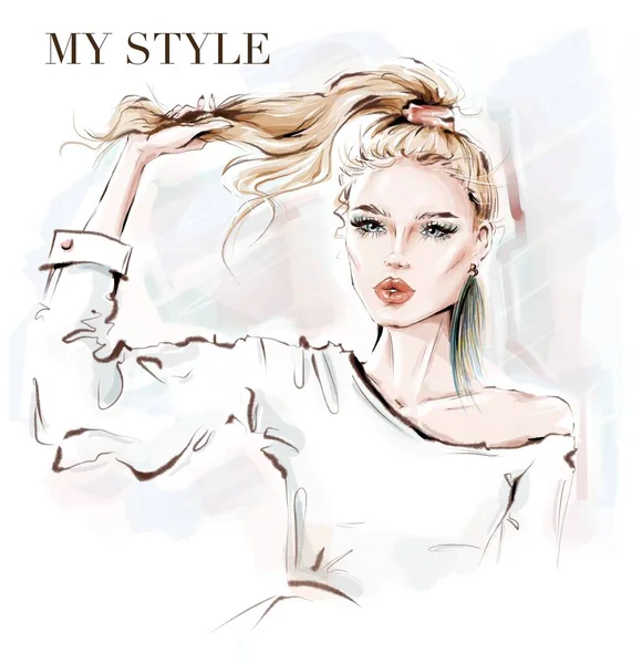 Hand drawn beautiful young woman holding her pony tail. Blonde hair girl. Sketch. Fashion illustration.