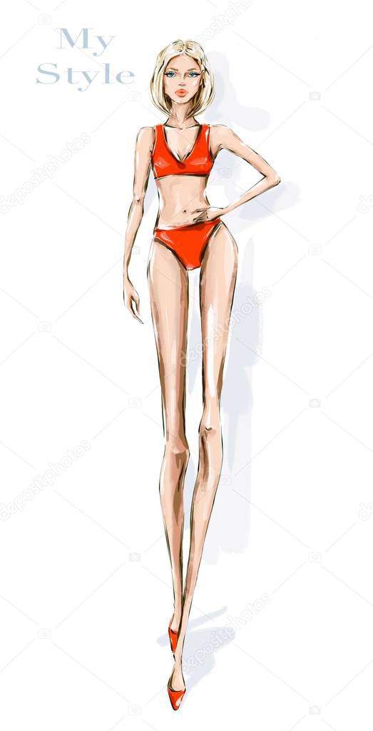 Hand drawn beautiful young woman in red swimsuit. Stylish girl. Fashion woman look. Sketch. Fashion illustration.