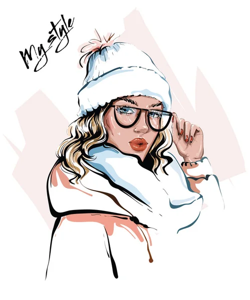 Handgezeichnete Schöne Junge Frau Winterkleidung Stilvolles Mädchen Modefrau Look Skizze — Stockvektor