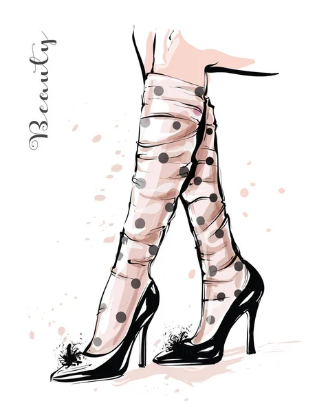Handgezeichnete Stilvolle Frauenbeine Schuhen Frauenbeine Mit Gepunkteten Hauchdünnen Tüllsocken Modeskizze — Stockvektor
