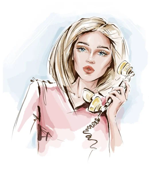 Dibujado Mano Hermosa Mujer Joven Sosteniendo Teléfono Del Teléfono Chica — Foto de Stock