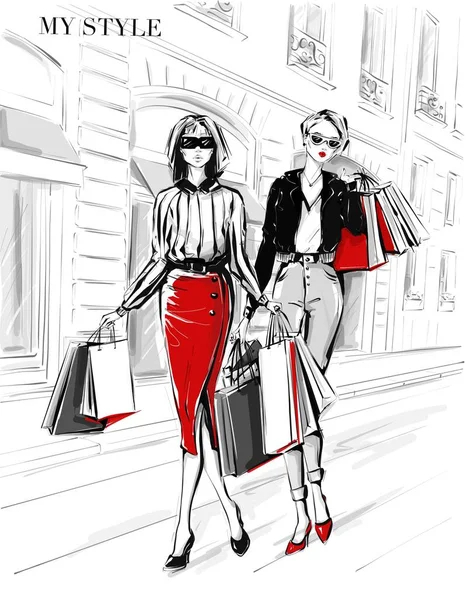 Hand Drawn Beautiful Two Young Women Shopping Bags Fashion Woman — Stock Photo, Image