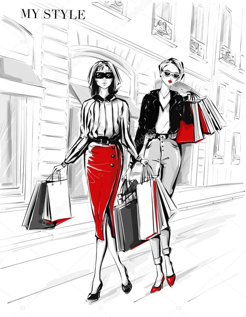 Hand drawn beautiful two young women with shopping bags. Fashion woman in red skirt. Women on street background. Black and white sketch. Fashion illustration.