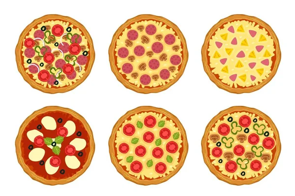 Set Pizzas Salami Meat Vegetables — Stock Vector