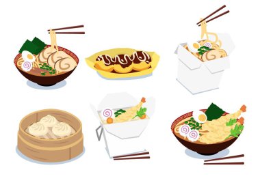 Japon yemekleri, ramen ve çubuklarla çizilmiş.