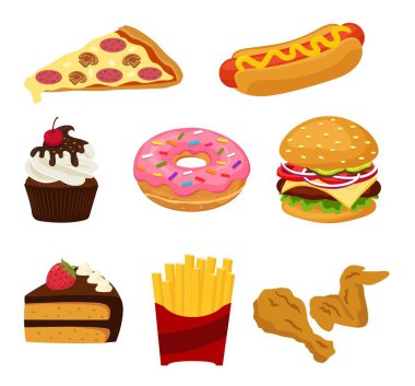 Fast food elementleri, şeker ve tatlı yiyecekler