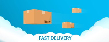 Hızlı teslimat konsepti. Kutular gökyüzünde yüksek hızda uçuyor. Çok hızlı mal teslimatı. Bulutlarla dolu mavi gökyüzünde. Bir reklam pankartı ya da iniş olabilir, kolayca düzenlenebilir ve eklenebilir.