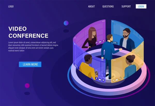 Realistiskt koncept för videokonferenser. Online-möte. Chefen pratar med underordnade online via videolänk. Videokonferens olika affärsmän. Begreppet fjärrkontroll. Platt 3d isometrisk — Stock vektor