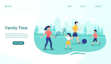 Mutlu aile doğada birlikte eğleniyor. Spor oyunları oynayın, hafta sonunun tadını çıkarın, mutlu ebeveynler. Aile ve çocuklar kırsalda. Mutlu bir çocukluk, spor aktiviteleri, sağlıklı bir yaşam tarzı. Düz Vektör