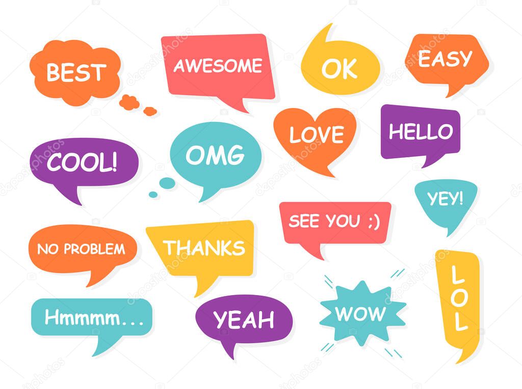 Bubble talk phrases. Online chat clouds with different words comments.Chat balloons. Hand drawn set of colorful speech bubbles with dialog words.Chat messages.
