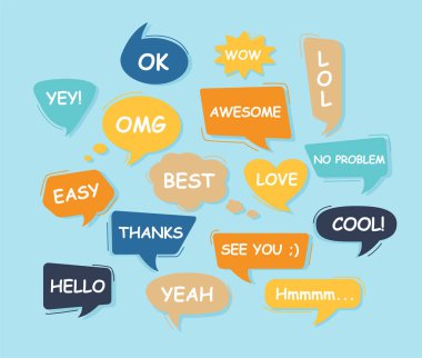 Çevrimiçi sohbet için Bulutlar ve tepkileri göstermek için diyaloğa uygun farklı kelimeler. Sohbet balonları Renkli sohbet mesajları Beyaz arkaplan EPS 10 Vektör İllüstrasyonu