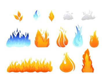 Çizgi film koleksiyonu Fire Flames Set. Beyaz zemin üzerinde tasarım için büyük ışık efekti. İzole edilmiş ve web tasarımı veya oyun tasarımı için uygun hale getirilmesi kolay. Düz Vektör İllüstrasyonu