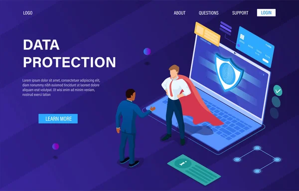 Concepto de protección de datos. Base de datos de seguridad móvil. Protección de datos confidenciales, unidad de servidor de escudo, tecnología digital, comunicaciones de red. Fácil de editar Landing page para el diseño web. Isométrico — Archivo Imágenes Vectoriales