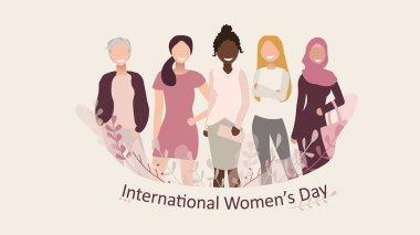 Beş farklı kadın yan yana duruyor. Benzer fikirli bir grup aktivist bir köstebek yuvasında. Feminizm ve eşitlik kavramı. El yapımı Uluslararası Kadınlar Günü tebrik kartı. Kız güç posteri.