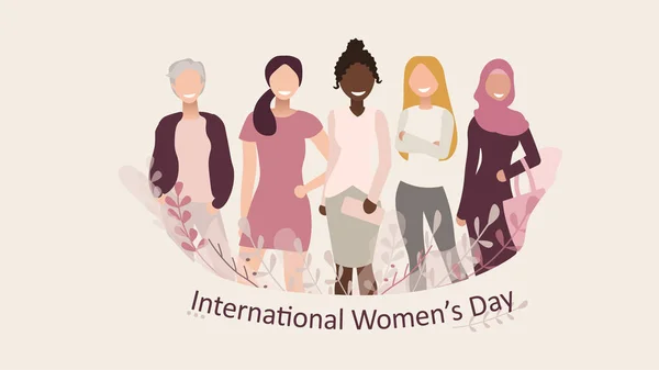 女性の5つのバリエーションが一緒に立っている。丘の上のような活動家のグループ。フェミニズムと平等の概念。手描き国際女性デーグリーティングカード。ガールパワーポスター. — ストックベクタ