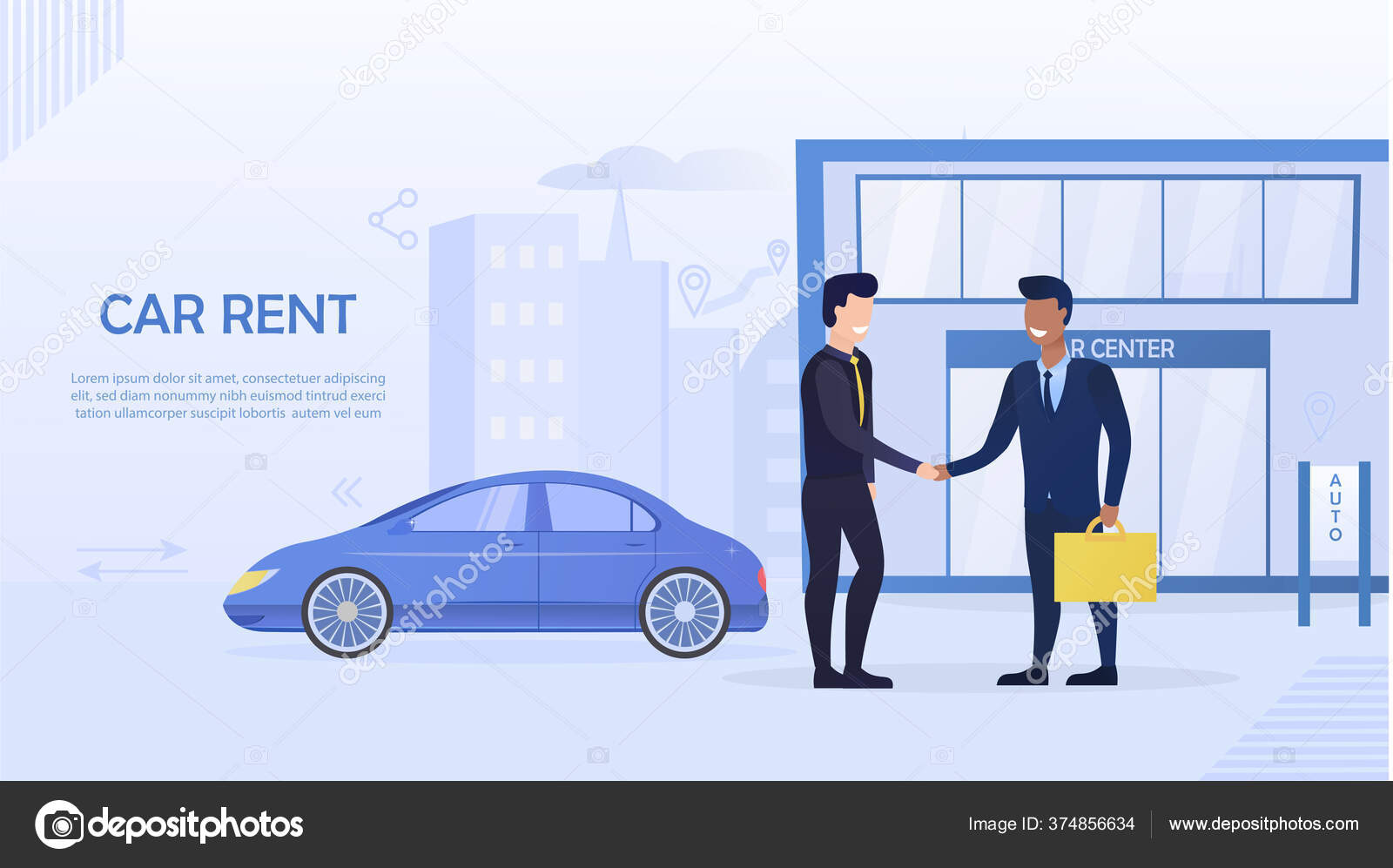 A man rents a car in a rent center. Landing Page. Mobile app. Car Rent