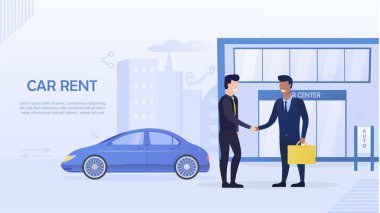 Bir adam kira merkezinden araba kiralıyor. İniş Sayfası. Mobil uygulama. Araba kiralama. Kira kontratı. Şoför Bir 'e kirala. GPS ve Wi-Fi. Araba sigortası. Modern Kiralama İstasyonu. Düz Vektör İllüstrasyonu